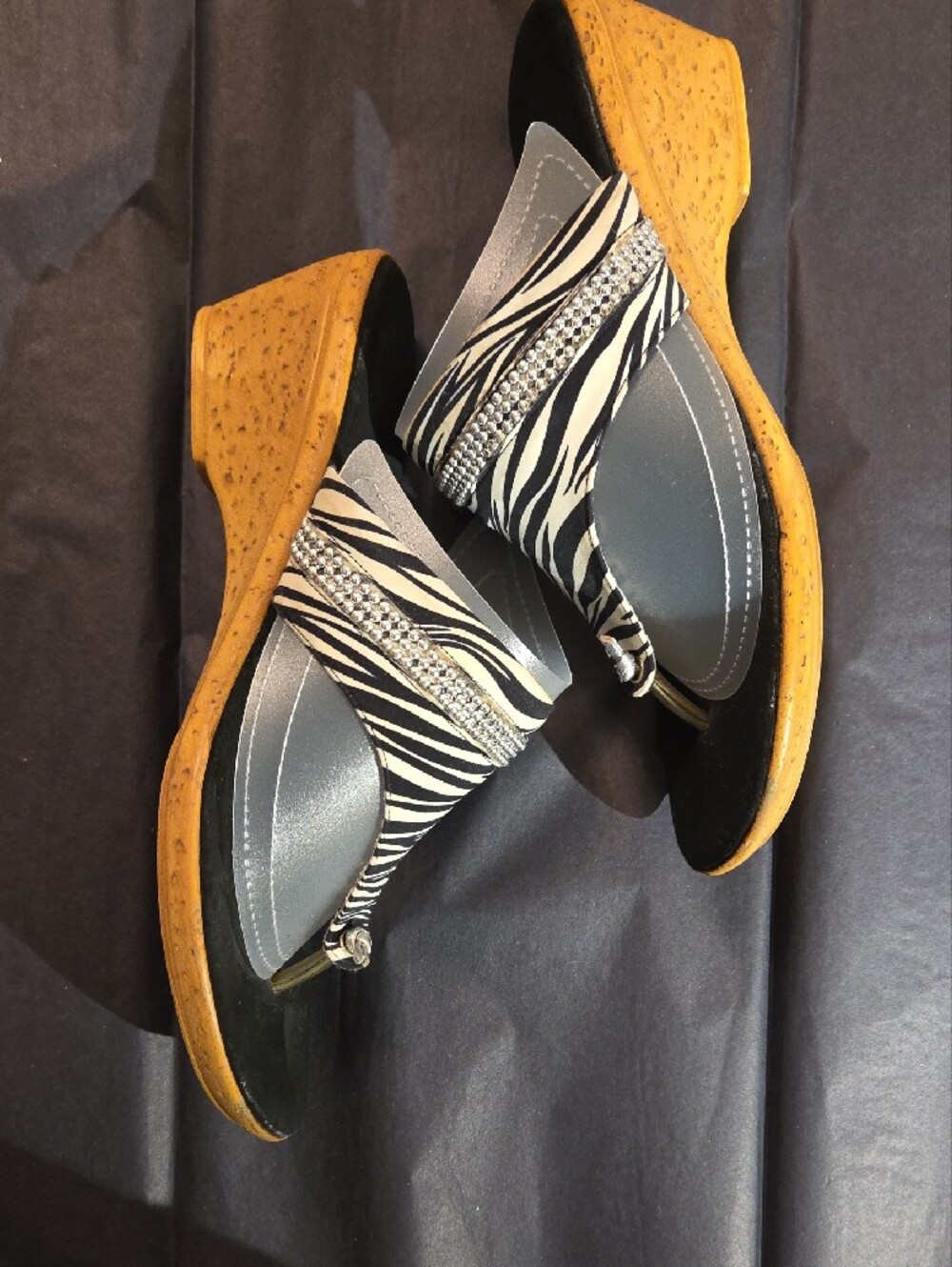Onex Black and White Zebra-Print Thong Sandals with Rhinestone Trim - Picture 4 of 7